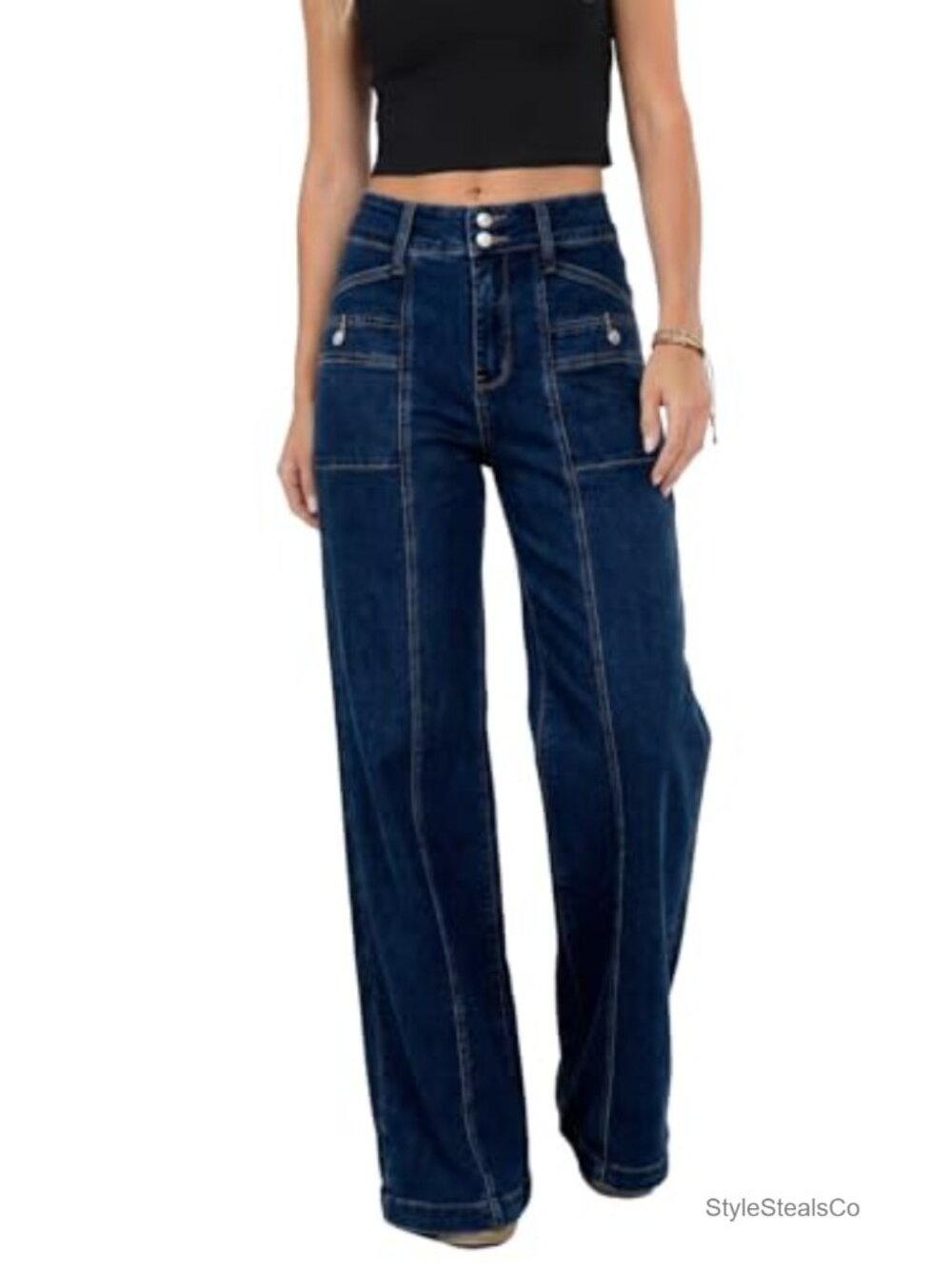 Women's High Waisted Wide Leg Jeans Double Button Fly Stretch Straight Denim